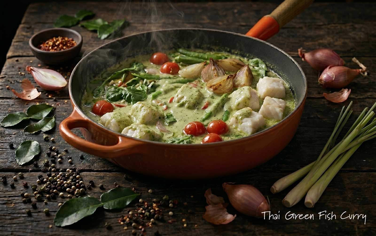 Thai Green Fish Curry in a pan on a wooden table with ingredients around